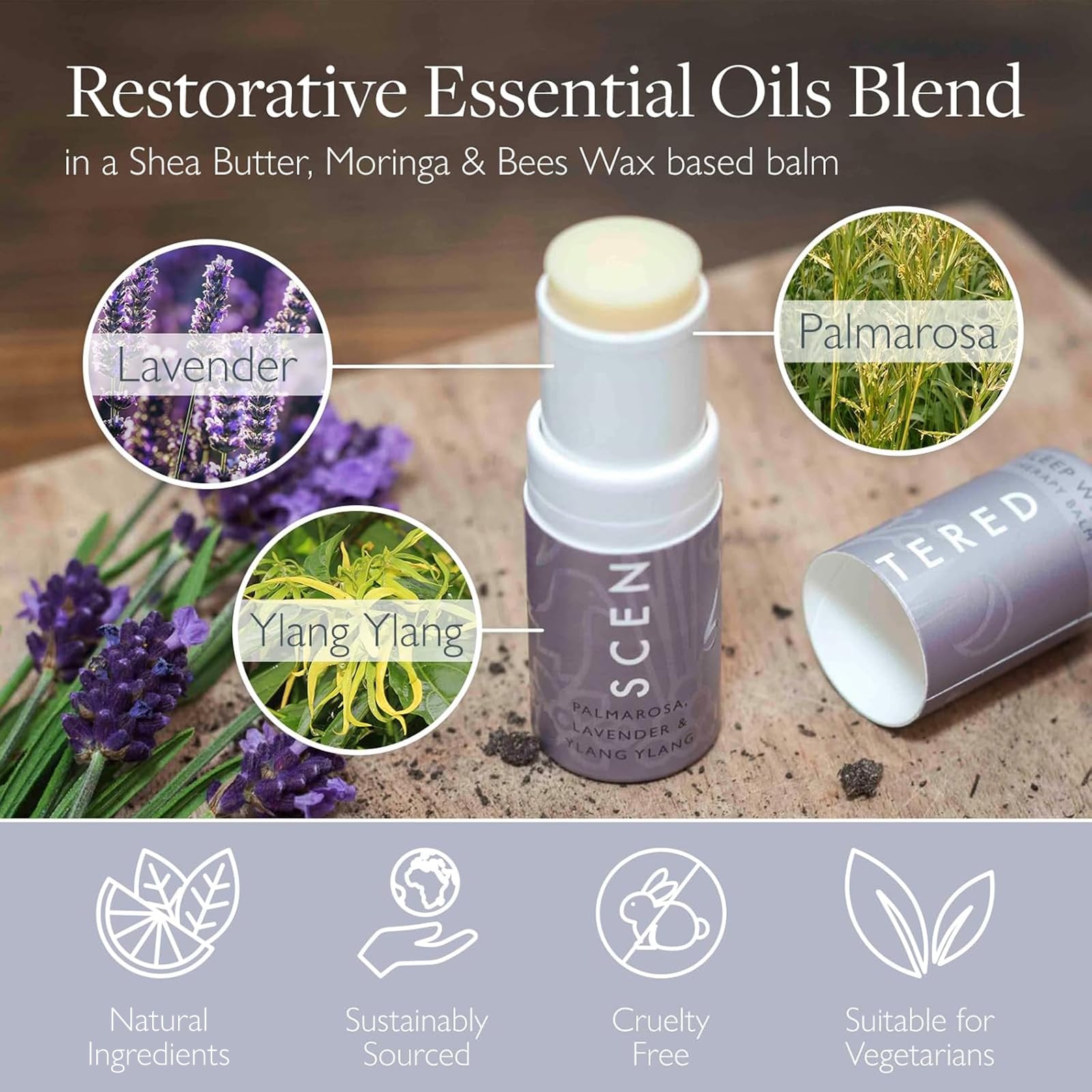 Aromatherapy balm ingredients showing lavender and chamomile