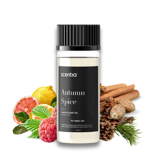 Scentia Autumn Spice essential oil 50ml bottle with fall themed packaging