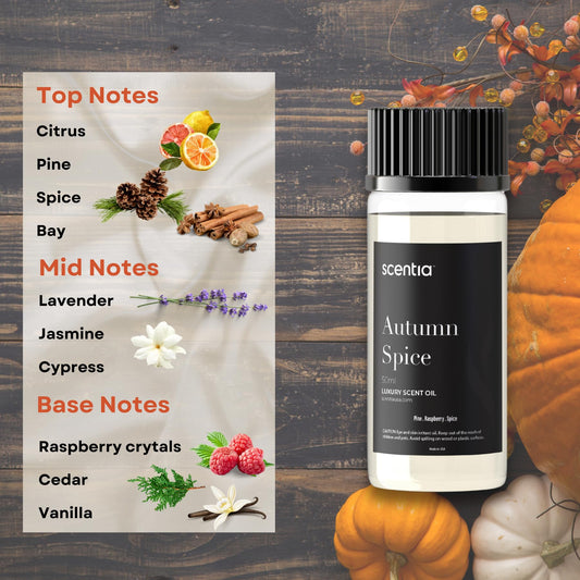 Close-up of Scentia Autumn Spice 50ml essential oil bottle