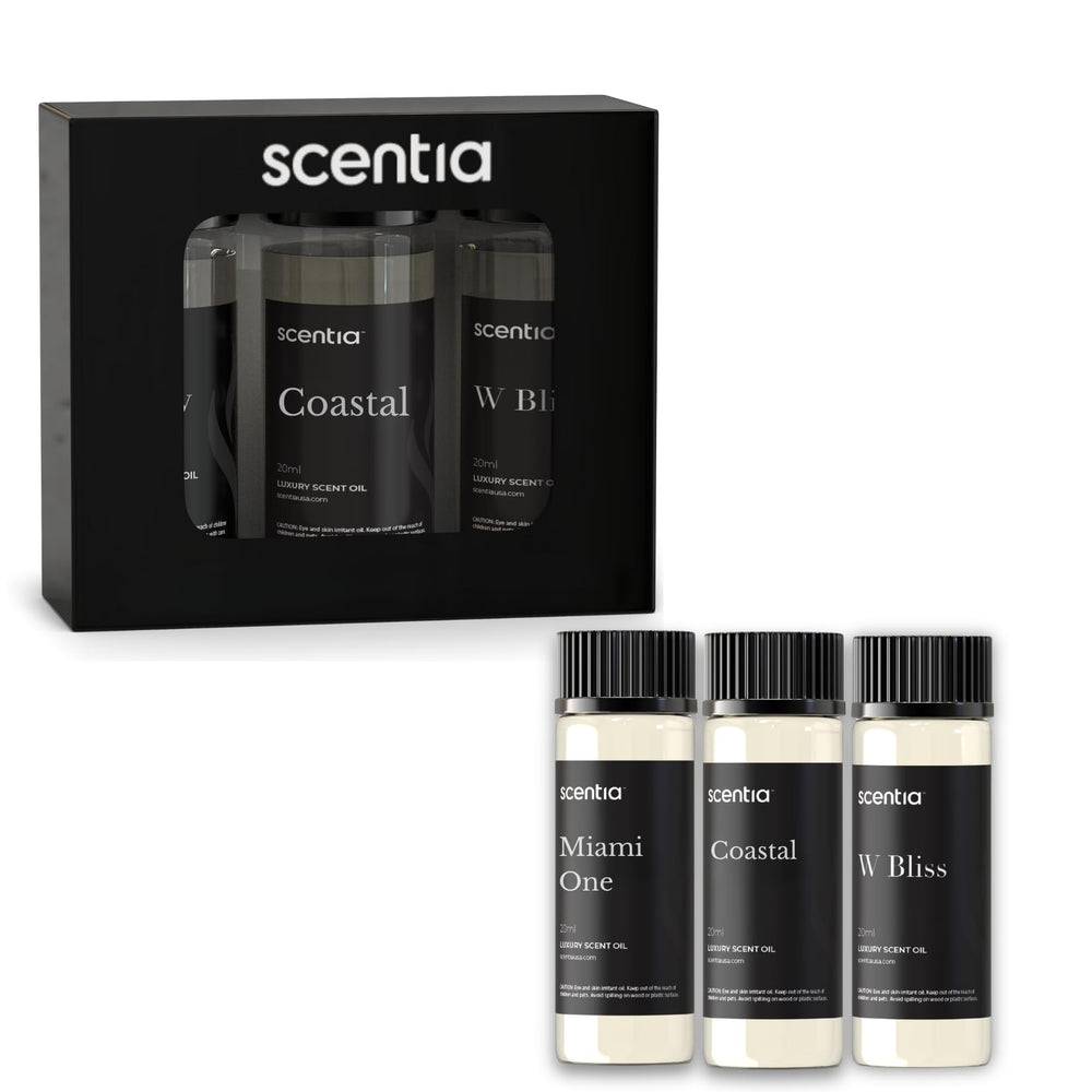 Scentia Hotel Diffuser Oil collection and three 20ml bottles