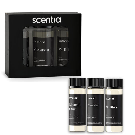 Scentia Hotel Diffuser Oil collection and three 20ml bottles