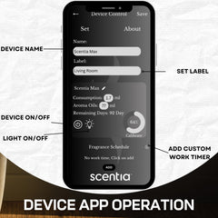 Warranty and customer support information card for Scentia Max diffuser
