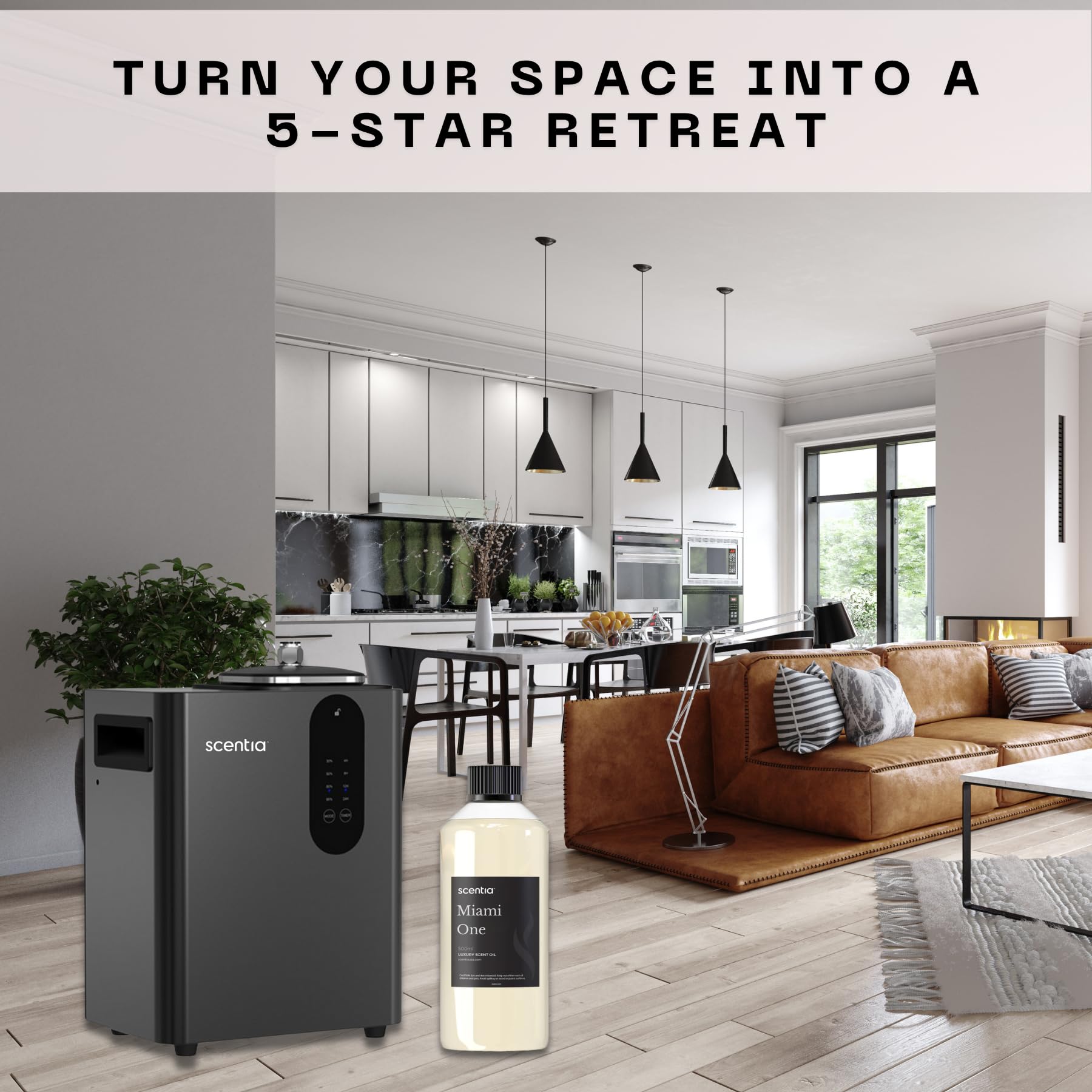 Scentia Miami One Aroma Oil 500 ml on a wooden shelf