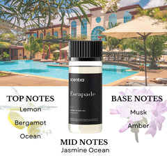 Escapade fragrance bottle with lemon, jasmine, and musk notes