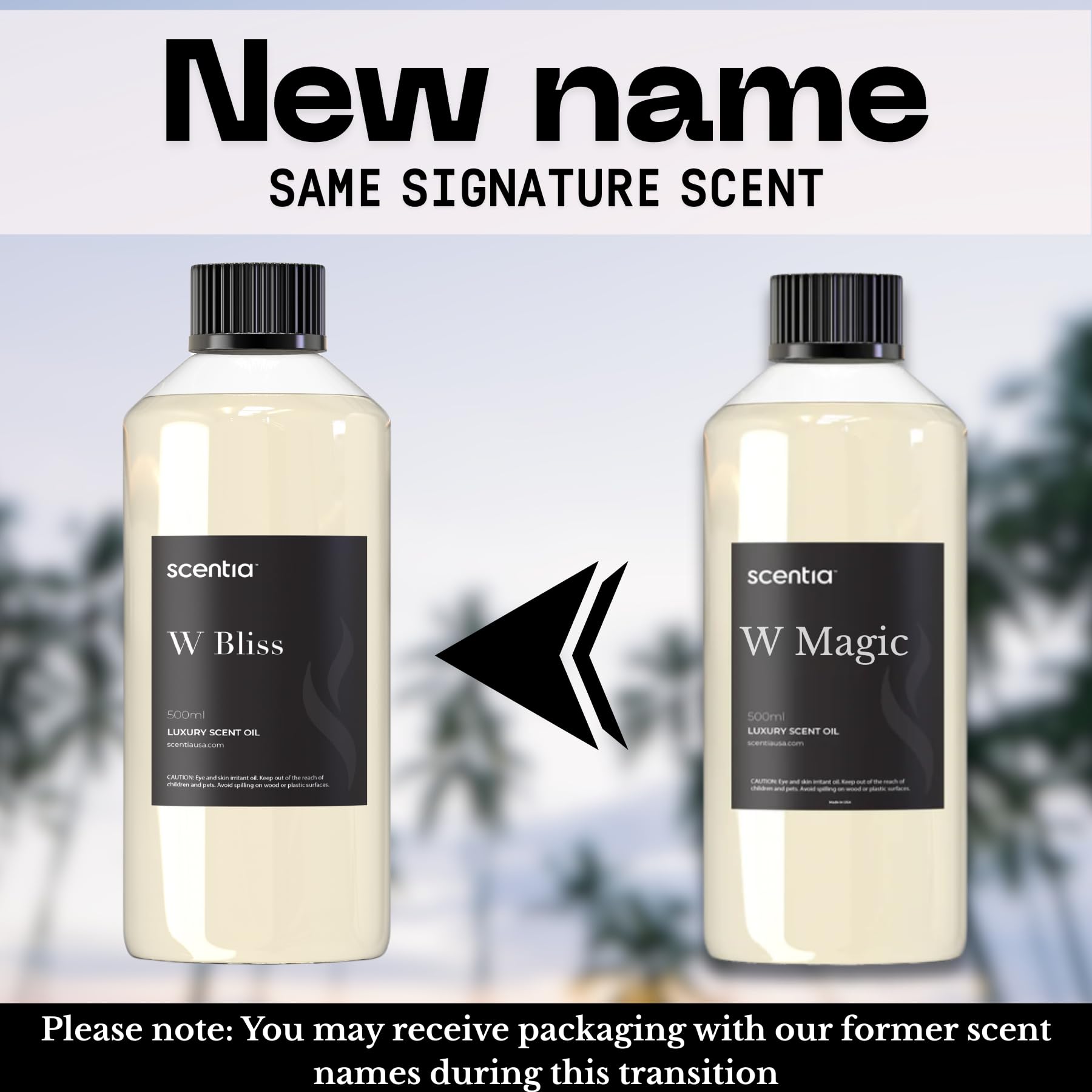 Bottle label showing transition from W Magic to W Bliss