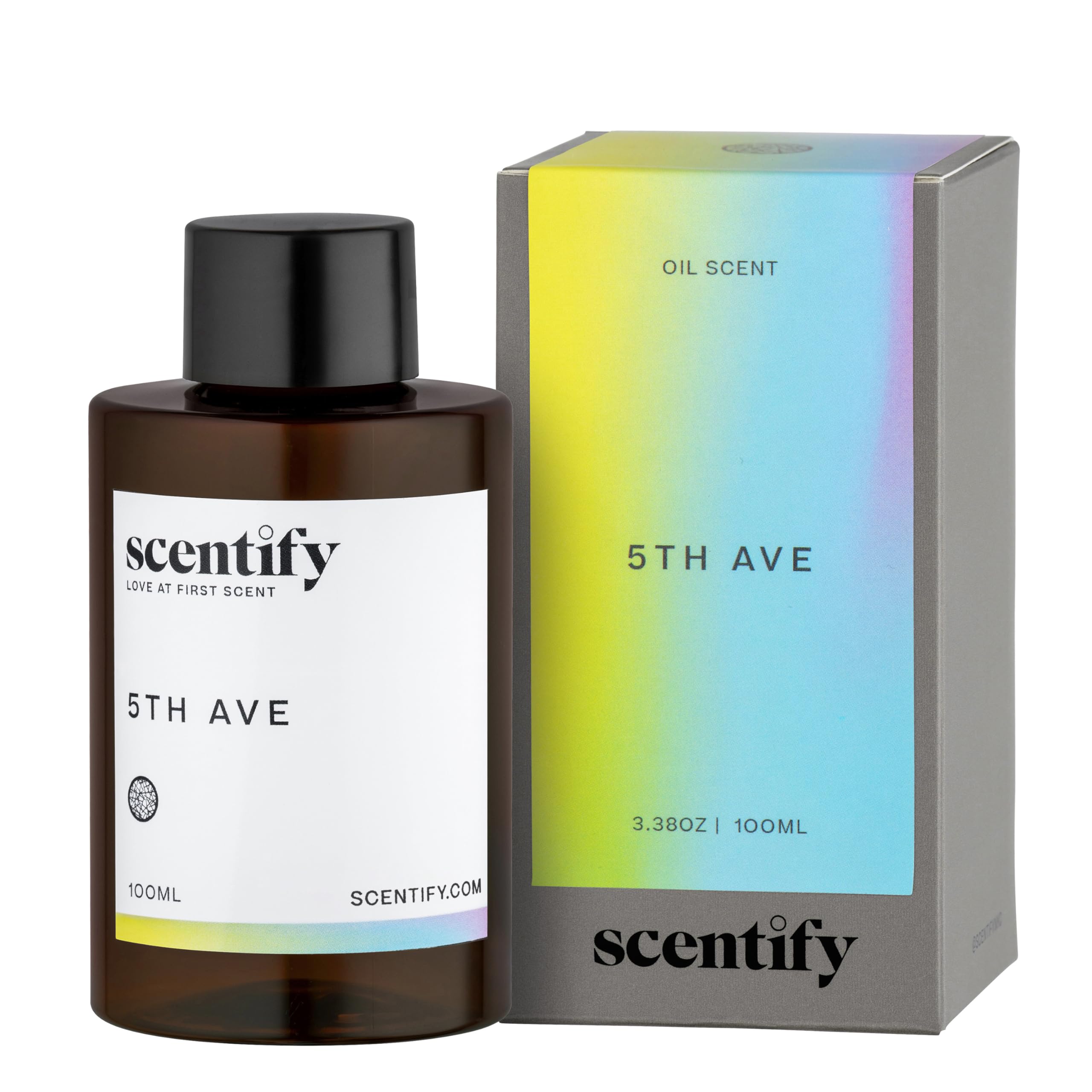 Scentify 5th Ave aroma oil refill bottle with bergamot, floral and gardenia notes in an amber bottle
