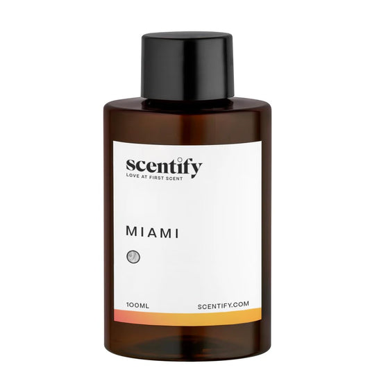 Amber diffuser oil bottle for Scentify Miami scent with elegant labeling
