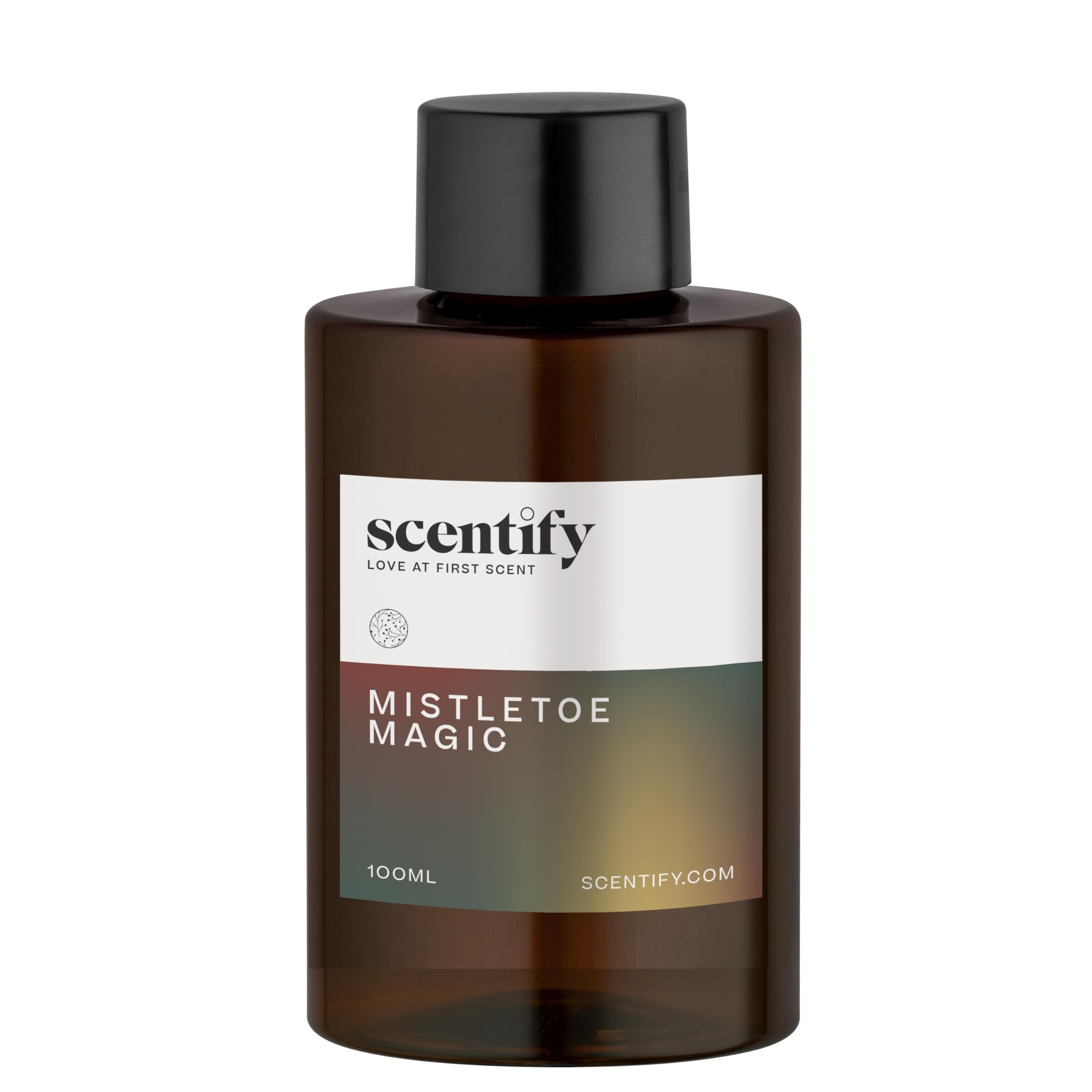 Close-up of Scentify Mistletoe Magic 100ml amber glass bottle
