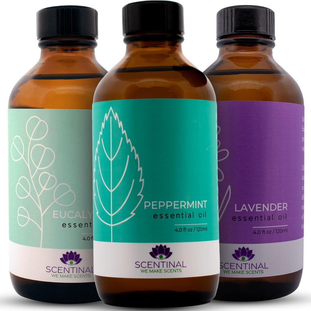 Close-up view of Scentinal Premium Essential Oil 4oz bottle with dropper