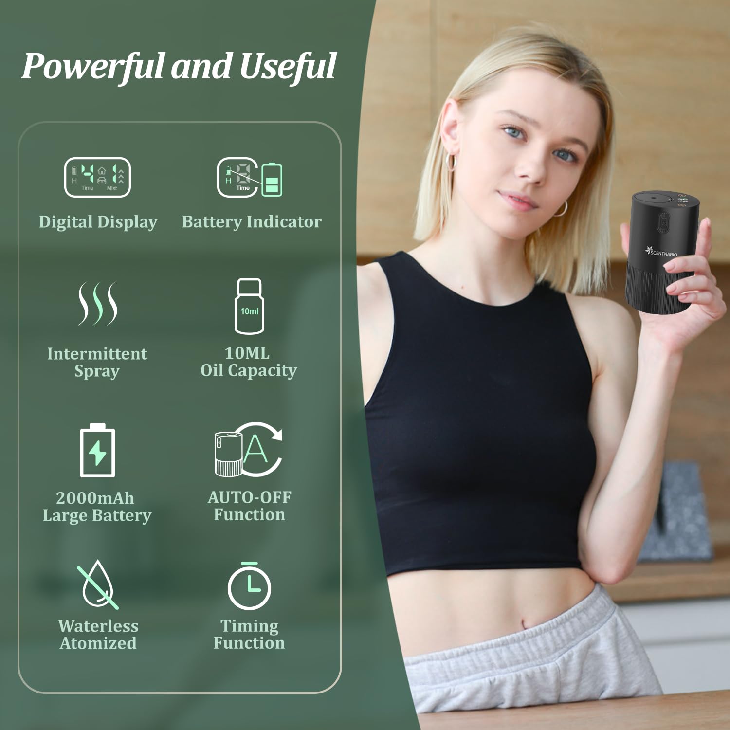 SCENTNARIO waterless diffuser showing four timer settings for auto-off convenience