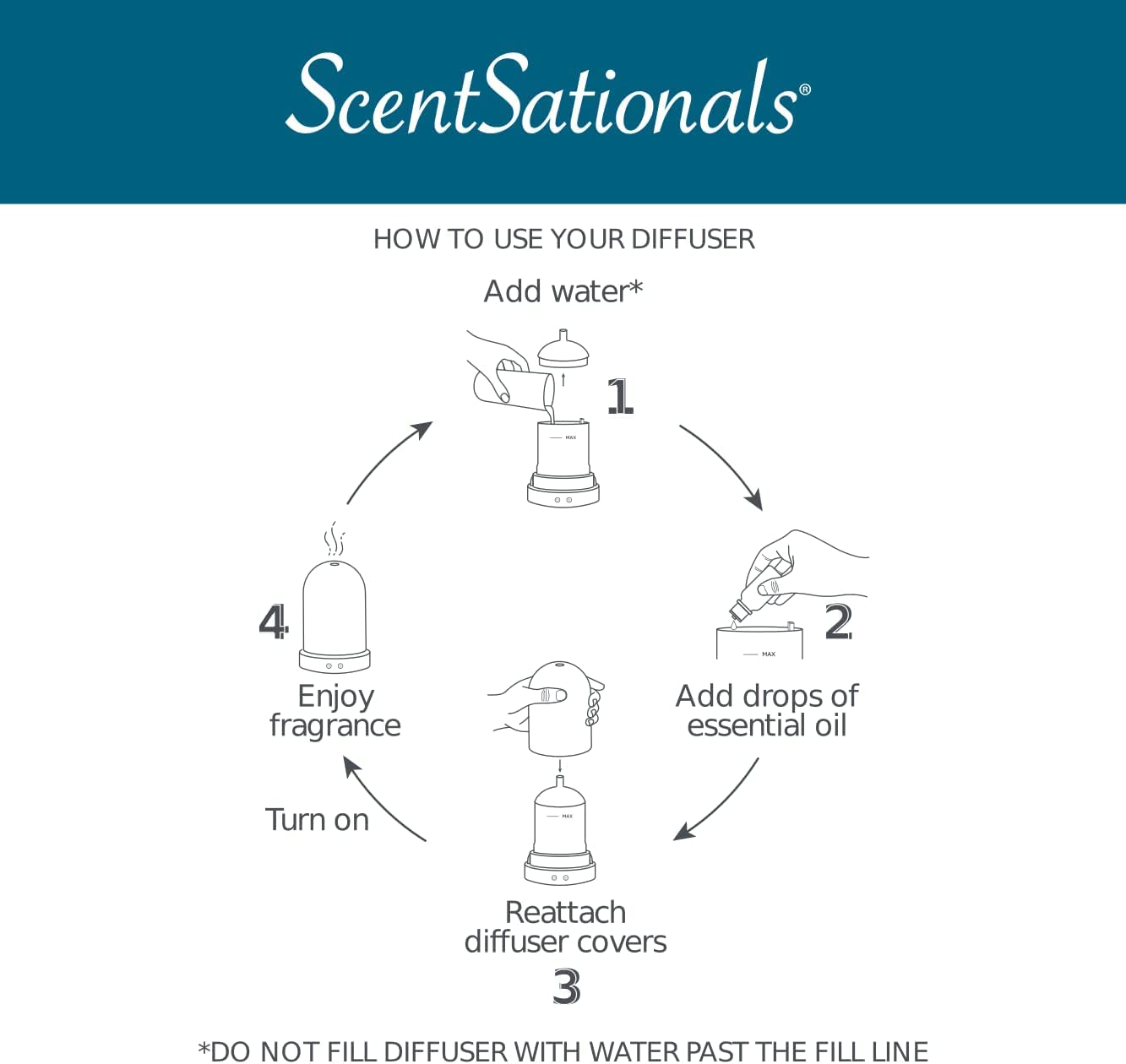 Scentsationals diffuser with water at max line for easy setup