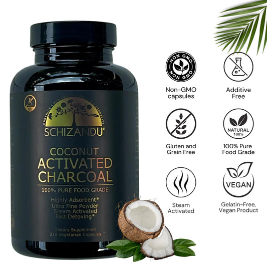 Close-up of vegan organic coconut activated charcoal capsules