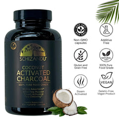 Close-up of vegan organic coconut activated charcoal capsules