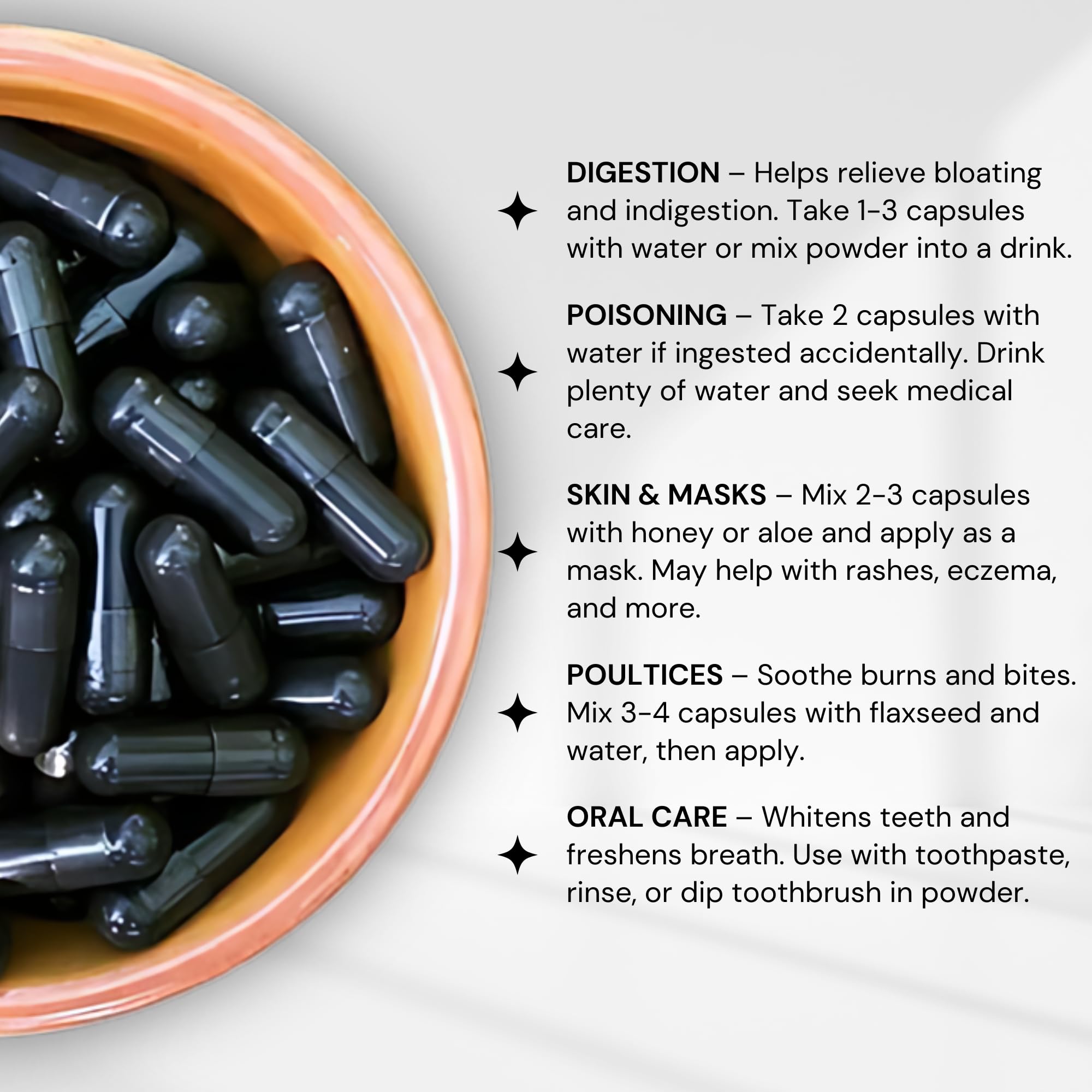 Jar label showing coconut charcoal capsules - 210 count