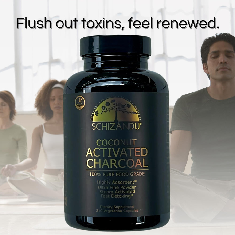 Dark activated charcoal powder visualization representing detox support