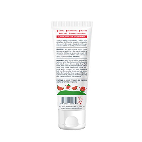 Close-up of Schmidt's Kids toothpaste tube showing Watermelon + Strawberry flavor