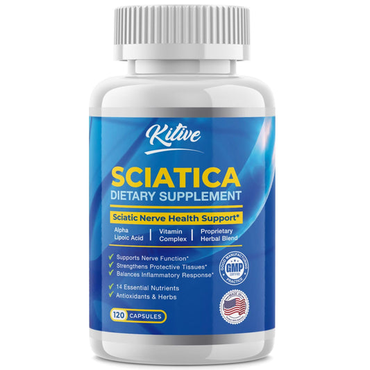 Sciatic Nerve Relief bottle with 120 unflavored capsules showing USA-made labeling