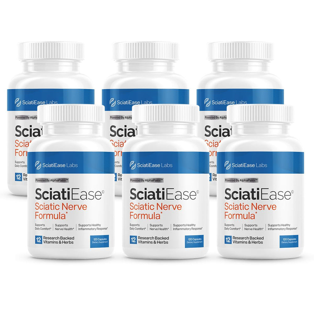 Front view of SciatiEase nerve health supplement bottle