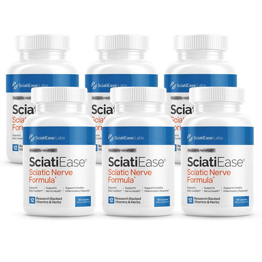Front view of SciatiEase nerve health supplement bottle