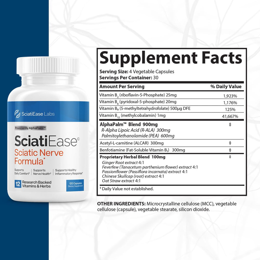 Close-up of SciatiEase capsules inside bottle