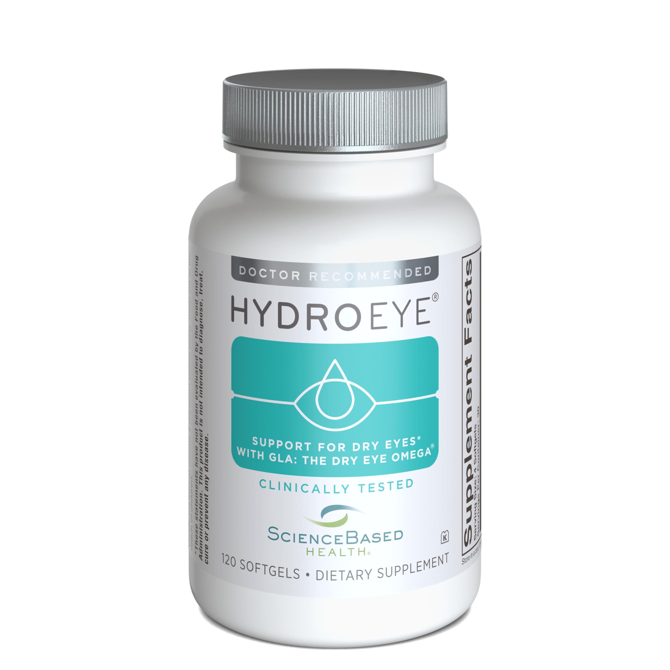 ScienceBased Health HydroEye bottle front shows daily eye-support for tear film balance.