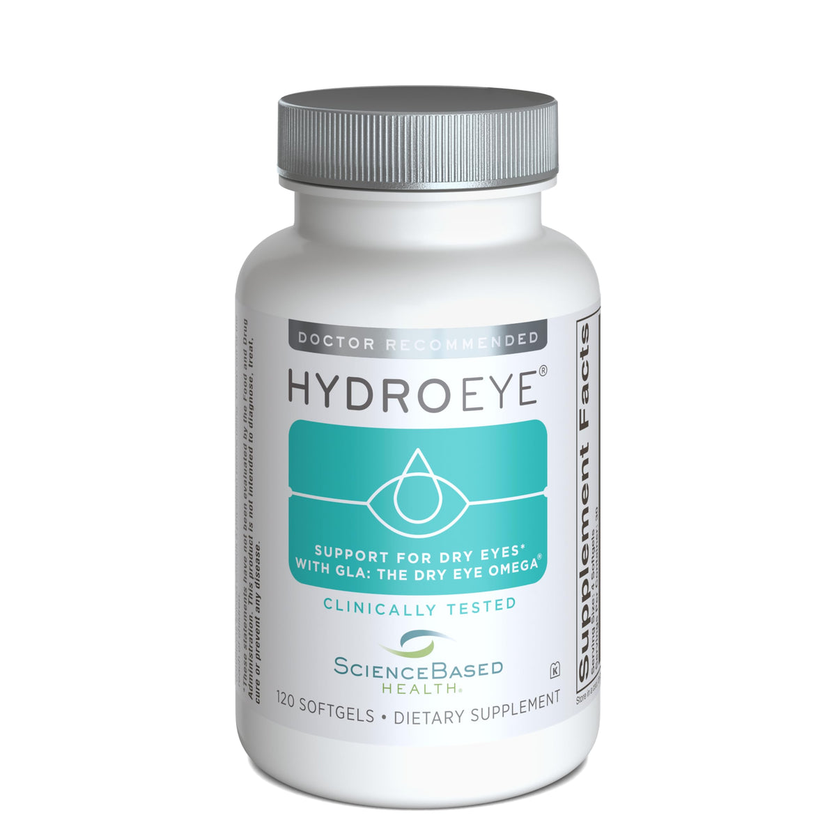 ScienceBased Health HydroEye bottle front shows daily eye-support for tear film balance.