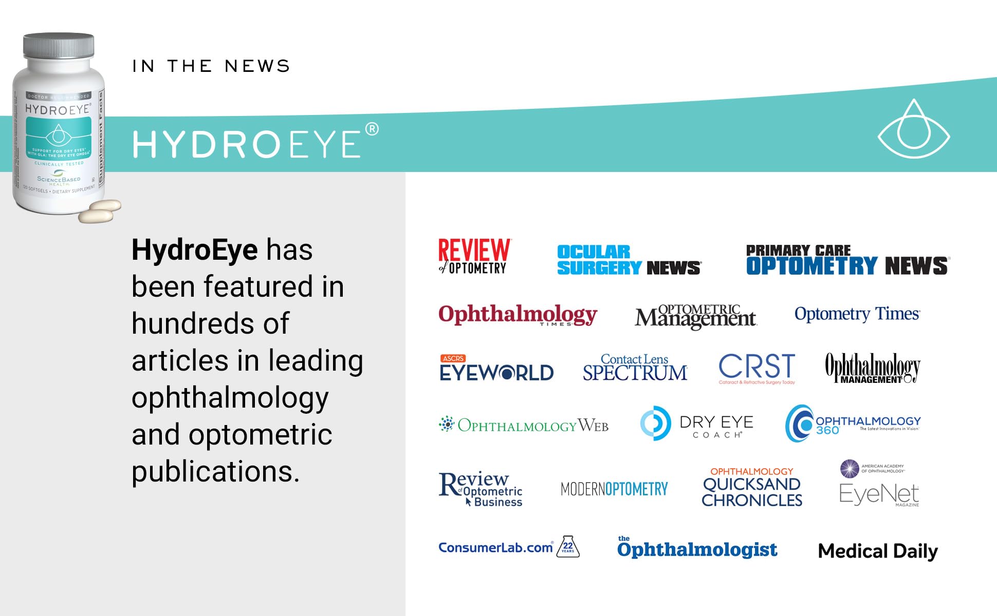 ScienceBased Health HydroEye packaging box emphasizes clinically studied ingredients for ocular comfort.