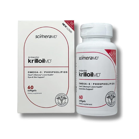 Front view of ScimeraMD KrillOilMD Antarctic Krill Oil 60 count bottle