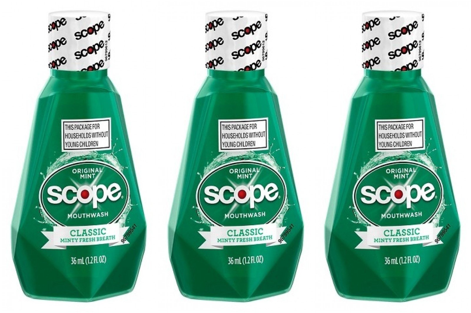Scope Mouthwash Classic Original Mint 1.2 Oz Travel Size Pack of 3 - bottle and packaging