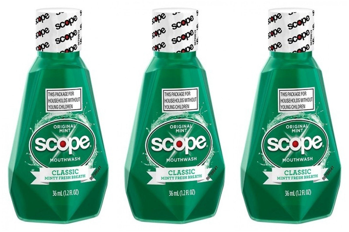 Scope Mouthwash Classic Original Mint 1.2 Oz Travel Size Pack of 3 - bottle and packaging