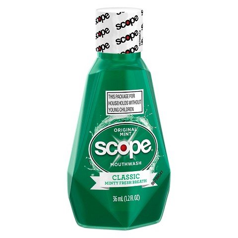Close-up of Scope Original Mint Mouthwash bottle showing minty freshness