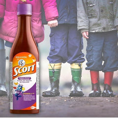 Scott Emulsion Tropical Fruit 180 ml bottle - product label