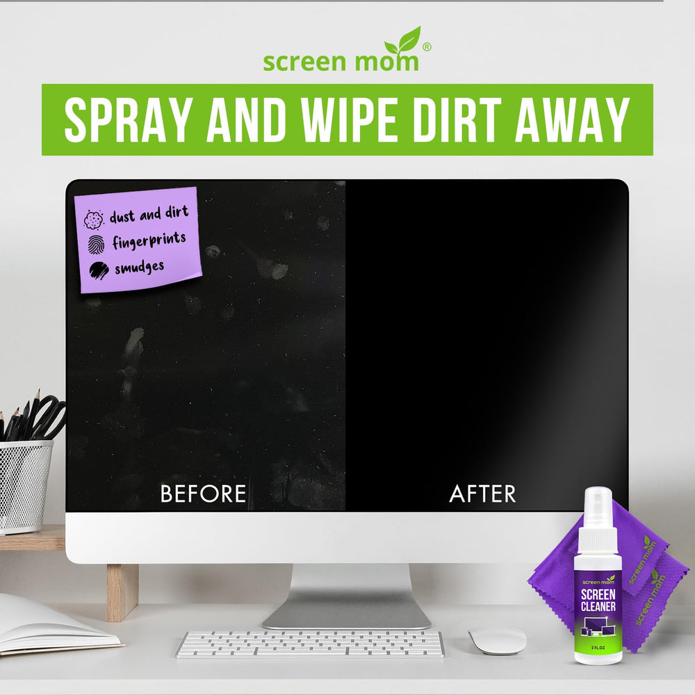 Purple microfiber cloth cleaning a laptop and smartphone screens