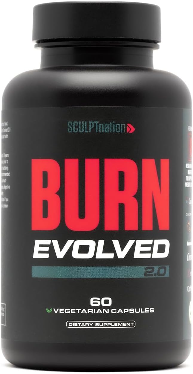 Sculpt Nation Burn capsules with bottle showing daytime fat burning support.