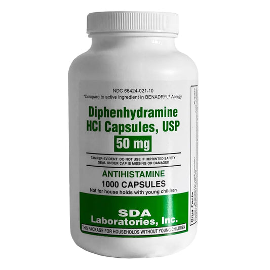 SDA Laboratories Diphenhydramine 50mg bottle front for fast acting allergy relief.