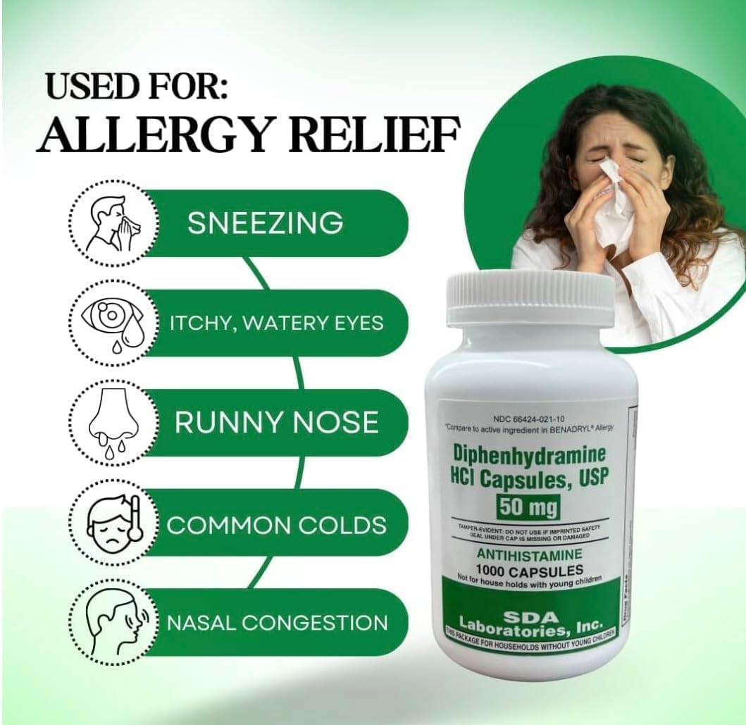 SDA Laboratories Diphenhydramine 50mg economical pack highlights long lasting supply.