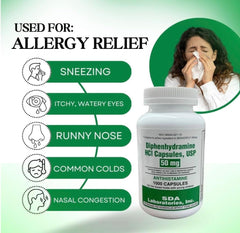 SDA Laboratories Diphenhydramine 50mg economical pack highlights long lasting supply.