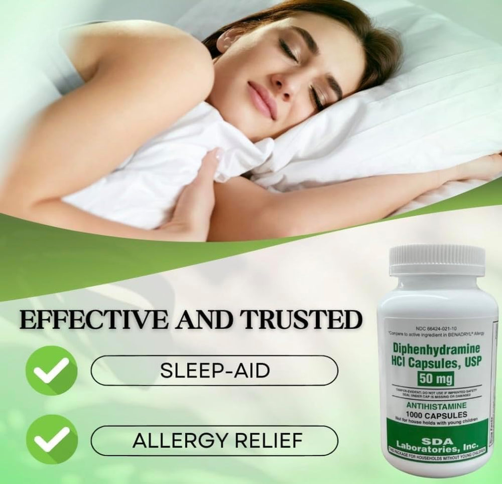 SDA Laboratories Diphenhydramine 50mg outdoors scene suggests outdoor allergy relief.