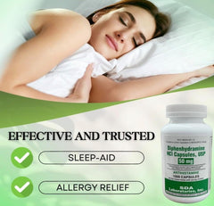 SDA Laboratories Diphenhydramine 50mg outdoors scene suggests outdoor allergy relief.