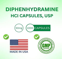 SDA Laboratories Diphenhydramine 50mg packaging inside bottle emphasizes long-term supply.