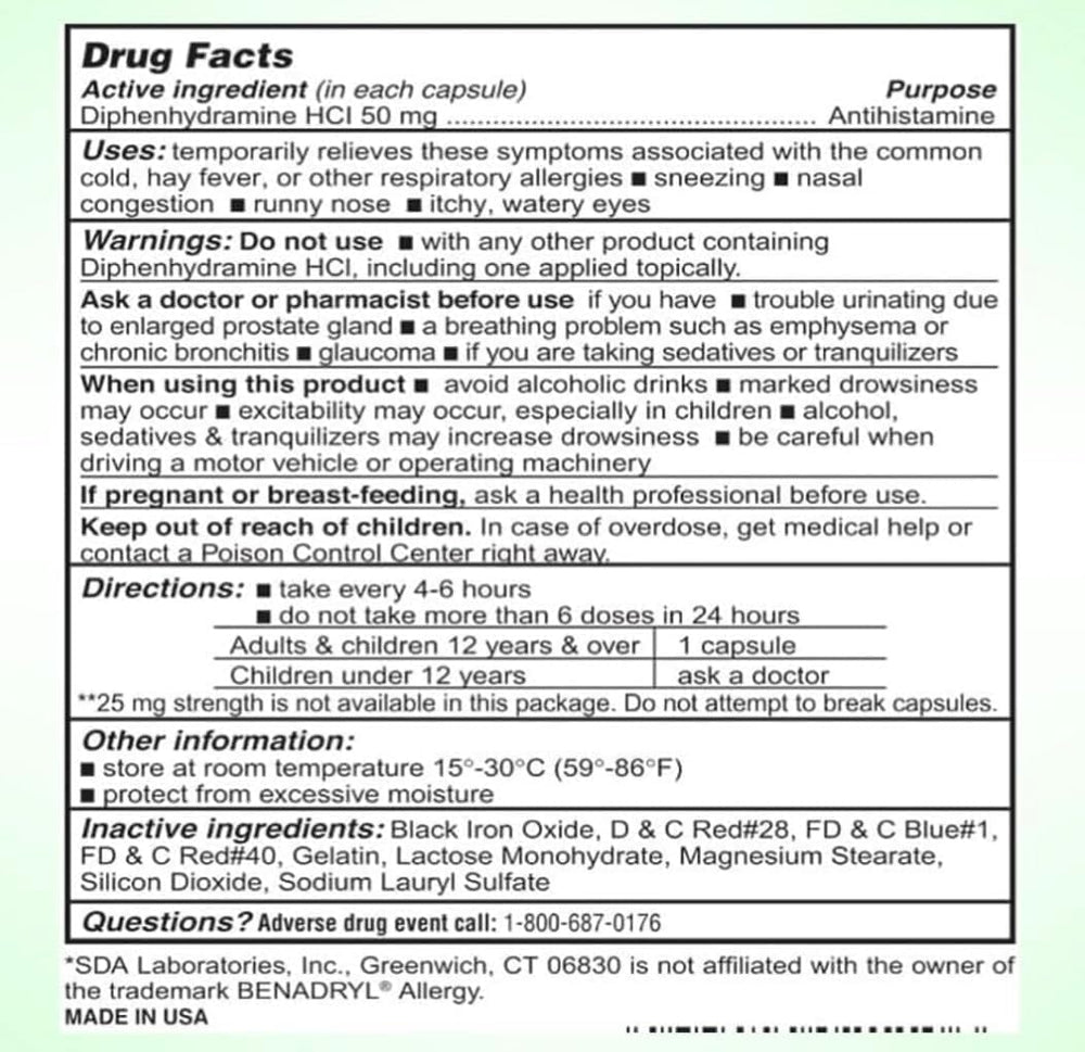 SDA Laboratories Diphenhydramine 50mg pill close-up shows easy to swallow capsules.