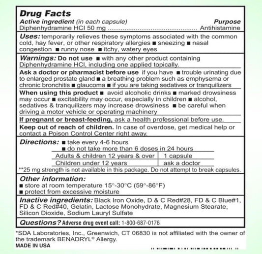 SDA Laboratories Diphenhydramine 50mg pill close-up shows easy to swallow capsules.