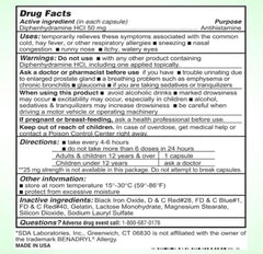 SDA Laboratories Diphenhydramine 50mg pill close-up shows easy to swallow capsules.