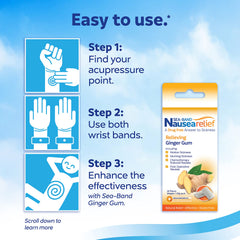 Sea-Band gray wristband used during flight to ease travel sickness naturally.