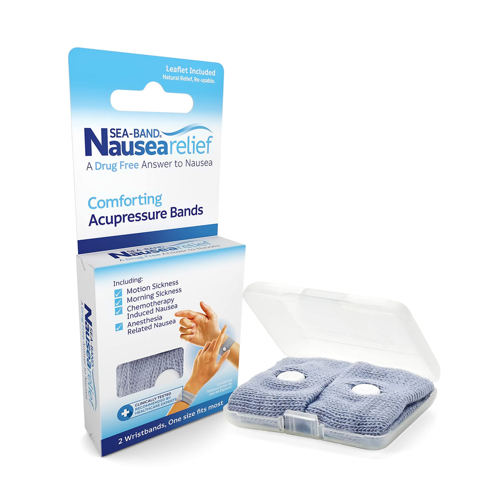Sea-Band anti-nausea wristband gray on wrist for drug-free nausea relief during travel.
