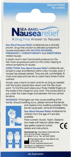 Sea-Band anti-nausea wristband gray packaging highlights reusable, drug-free nausea support.