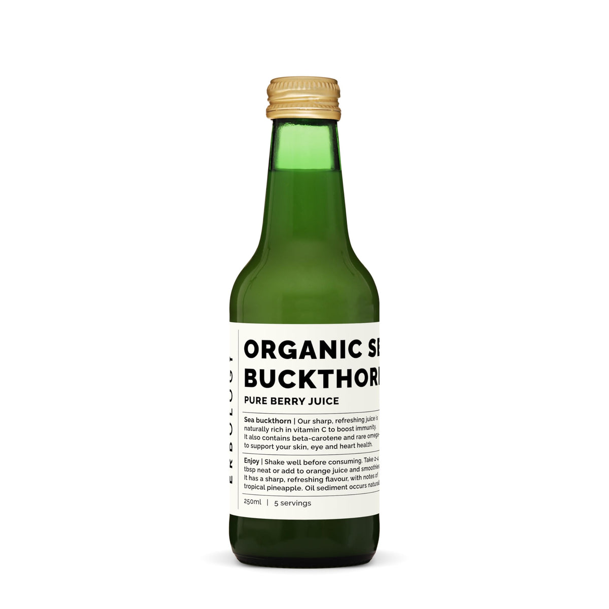 Front view of 8.5 oz Sea Buckthorn Juice bottle