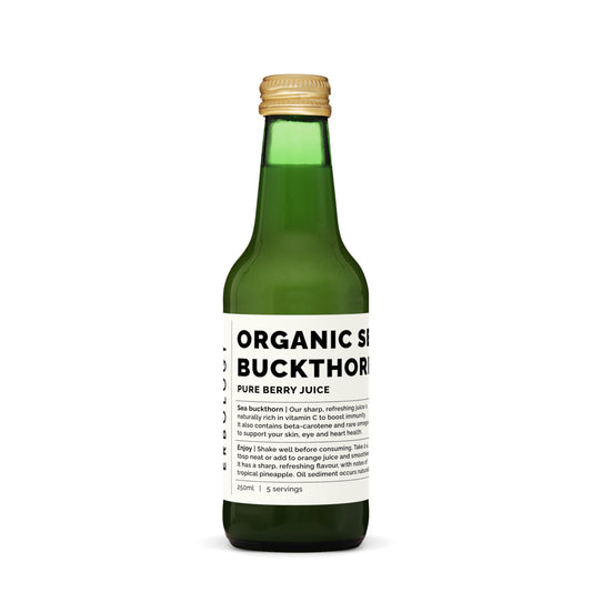 Front view of 8.5 oz Sea Buckthorn Juice bottle
