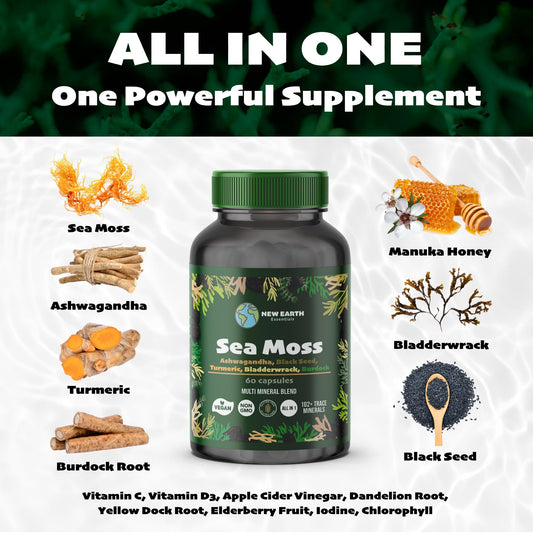 Close-up of sea moss and other ingredients