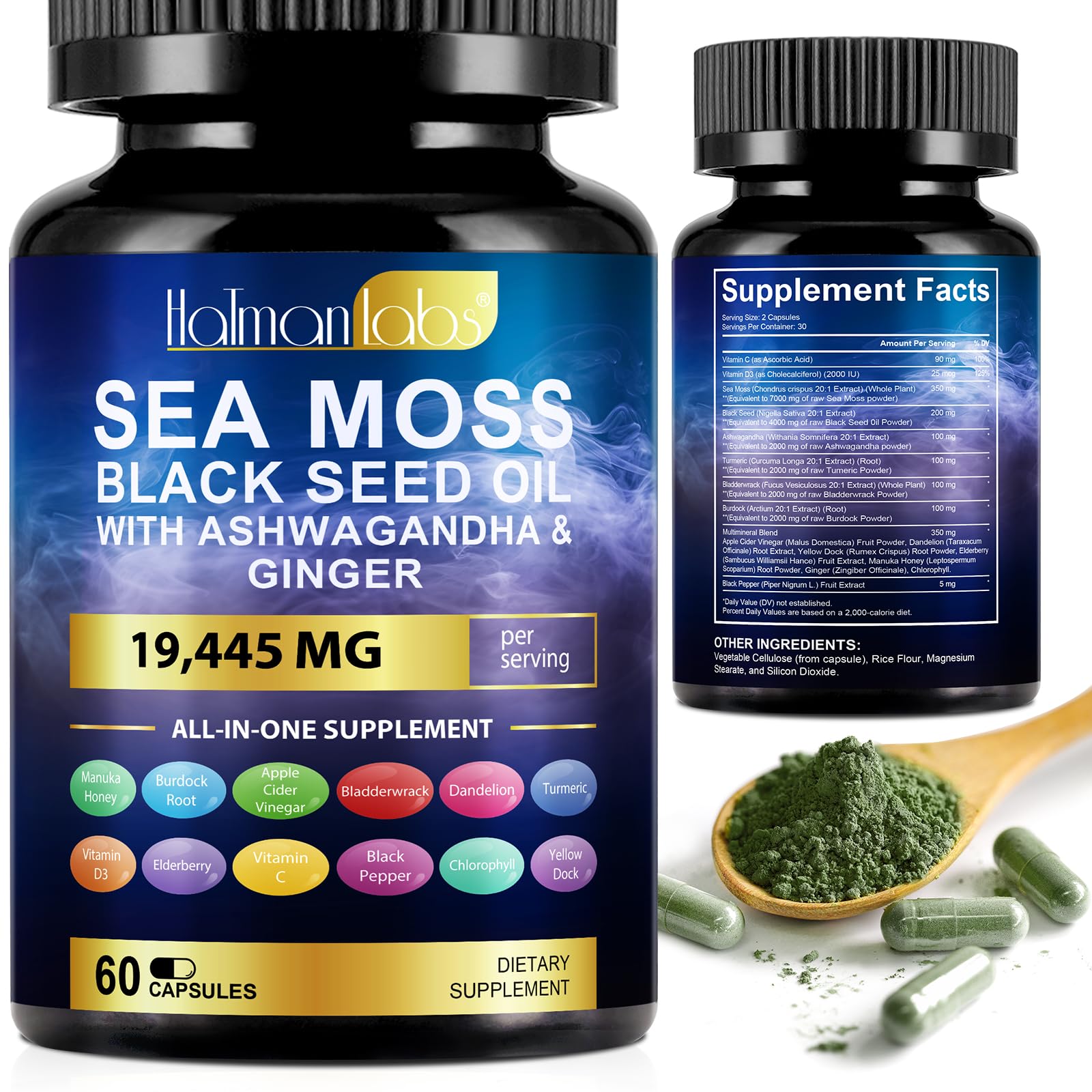 Bottle of Sea Moss Black Seed Oil Ashwagandha Capsules - 60 Count
